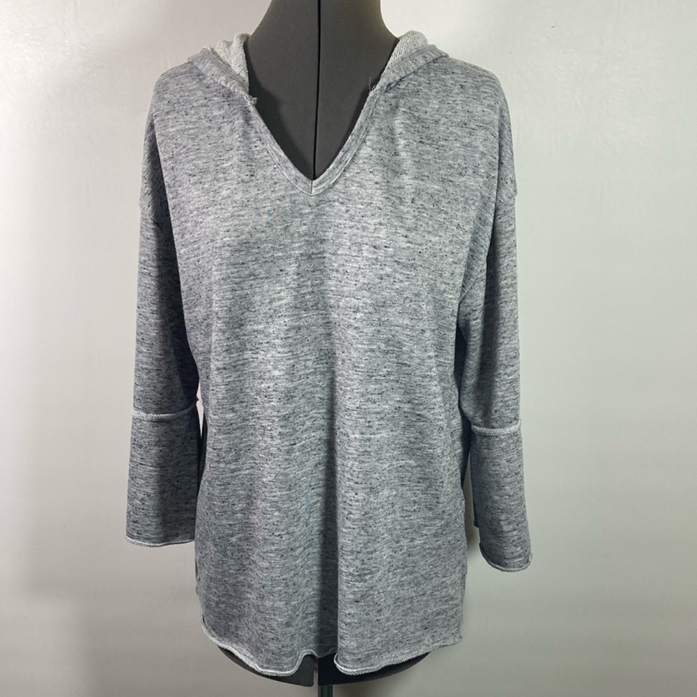 Harmony & Balance Hoodie Women Size Large Gray Raw Hem & Seams V Neck